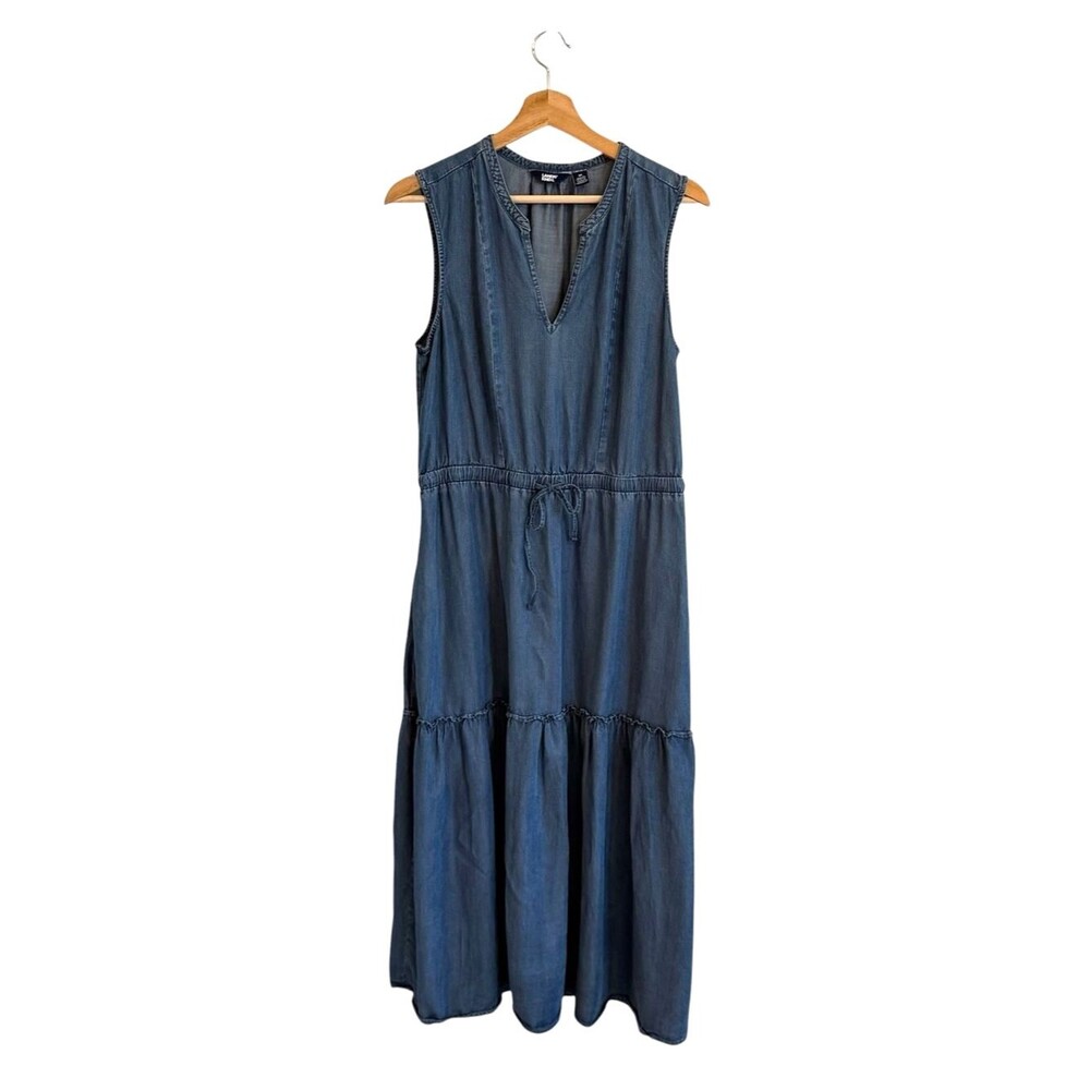 Lands End Womens Modest Tiered Denim Midi Dress Size M Western Cottage Coastal